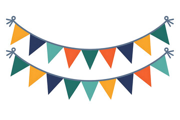 Obraz premium Colorful bunting flags in shades of blue, green, and orange, creating a festive atmosphere.