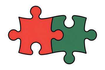 Two puzzle pieces, red and green, interlock, representing connection, completion, and problem-solving.