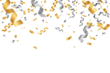 Golden and silver confetti falling, celebrating a joyous moment, festive and celebratory atmosphere.