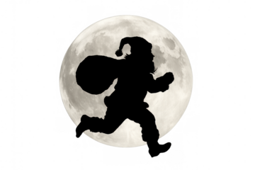 Santa claus silhouette running, delivering presents with a sack and full moon in the background, a transparent file