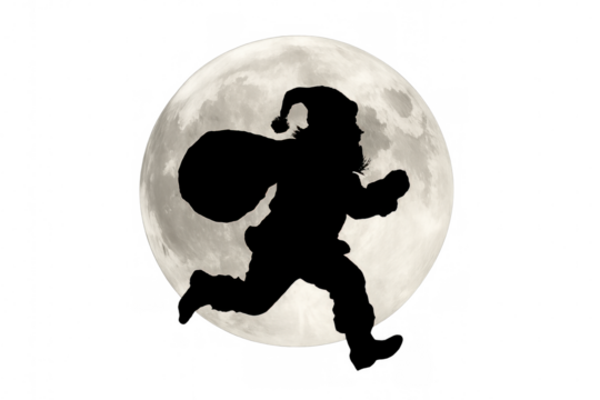 Santa claus silhouette running, delivering presents with a sack and full moon in the background, a transparent file