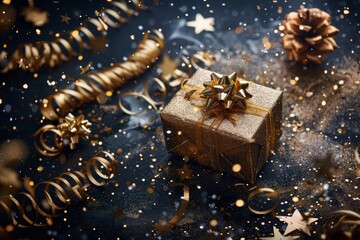 Elegant Holiday Gift Box with Golden Ribbon and Festive Decor Creating a Warm Ambiance for Gifting