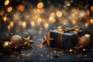 Beautifully Wrapped Christmas Gift in Gray Paper with Golden Ribbon and Colorful Holiday Decorations