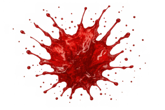Red liquid splashing, creating dynamic splatters and drips. Abstract paint exploding on a transparent background