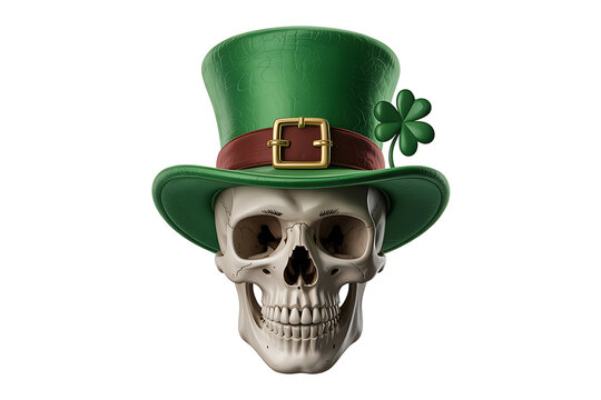 Green top hat adorns a skull, accented with a shamrock and burgundy ribbon detail.