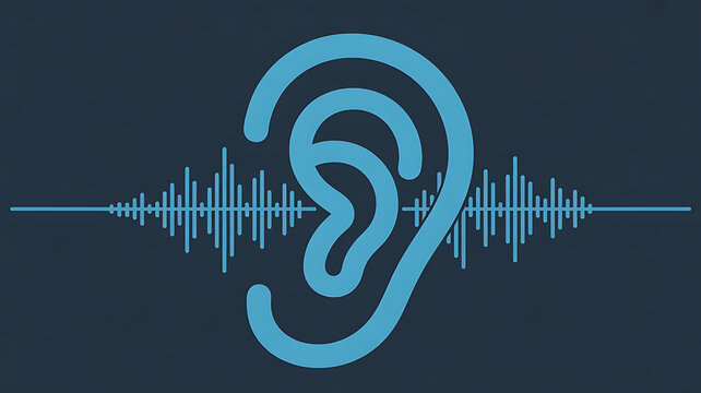 Stylized ear icon with sound waves, representing listening, audio, and communication.