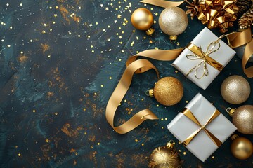 Charming Holiday Still Life with Colorful Presents and Shimmering Ornaments on Dark Background