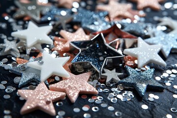 Colorful Star Decorations with Glitter and Silver Confetti on Dark Background for Celebrations