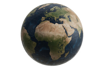 Vibrant blue oceans and green landmasses swirl on a spherical globe, depicting our planet.