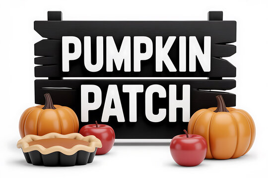 Rustic wooden sign announces a pumpkin patch, surrounded by pumpkins, apples, and a pie.