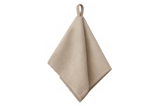 Beige hand towel hanging with loop on transparent background