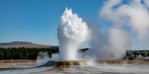 Geothermal geyser erupts powerfully, sending steam and water high against a bright blue sky.