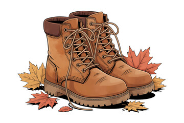 Brown hiking boots sit amidst scattered autumn leaves, evoking a sense of outdoor adventure.