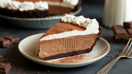 Rich chocolate pie with creamy layers and whipped topping, a decadent dessert treat.