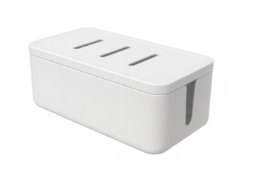 White cable management box organizing cords clean space