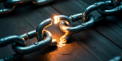 A heavy metal chain with a fiery break, symbolizing freedom and the shattering of restrictions.