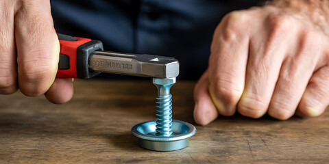Close-up shows a hand using pliers to tighten a metal screw into a wooden surface.