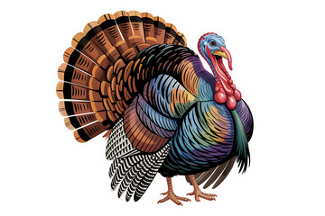 Colorful turkey displays vibrant plumage, showcasing detailed feathers and a striking presence.