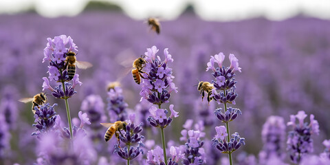 Bees fly amidst a vibrant field of blooming lavender, showcasing nature's beauty and pollination.