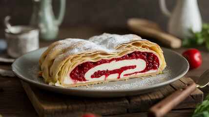 Sweet rolled cake with vibrant red filling, dusted with powdered sugar, presented on a plate.