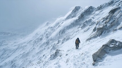 Lonely climber ascending snowy mountain ridge in extreme winter blizzard with strong wind and fog