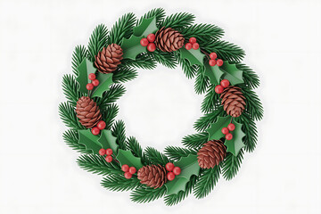 Festive wreath adorned with evergreen branches, pinecones, and vibrant red berries.