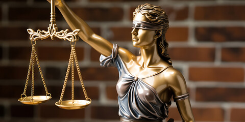 Blindfolded figure holds scales, representing justice, fairness, and impartial legal proceedings.