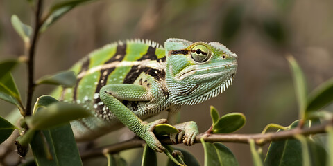 A vibrant green and black chameleon clings to a branch, displaying intricate patterns.