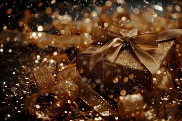 Elegant Golden Christmas Presentation with Glitters. Memorable Celebration Moments