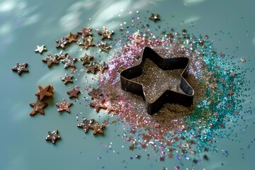 Star Shaped Frame Adorned with Shining Glitter Dust and Scattered Miniature Icons on a Cyan Surface