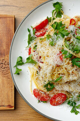 Spaghetti pasta composition top view autumn vibe