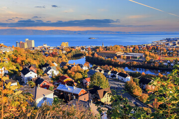 Aerial view of Trondheim fjord and Munkholmen