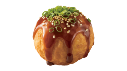 Delicious savory takoyaki street food delicacy drizzled with rich sauce and sprinkled with sesame and green onions