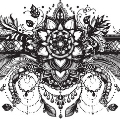 Black and White Mehndi Design Vector | Intricate Henna Art Illustration