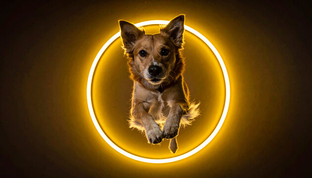 Dog leaping through a glowing neon circle