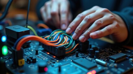 Manos de un técnico organizando una multitud de cables de colores con una sutil iluminación RGB durante el montaje de una PC personalizada