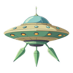Green Flying Saucer with Three Landing Gear, Transparent Background, Retro Futuristic Illustration