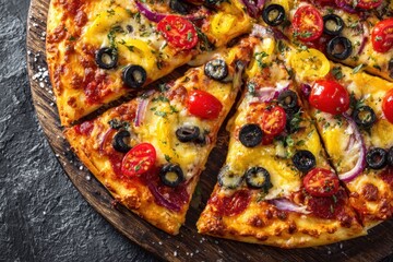 Vibrant Cheese Pizza With Tomatoes Olives Red Onion On Wooden Board &mdash; Slices Close-Up