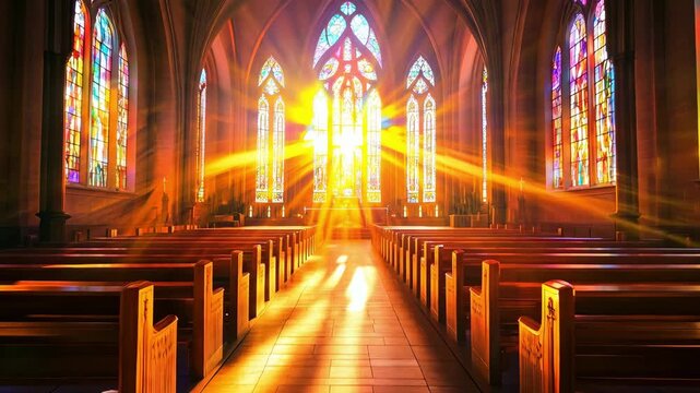 Sunlight streams through stained glass windows illuminating the interior of a serene church during sunset, creating a warm atmosphere