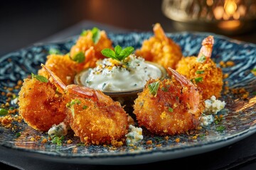 Crispy Shrimp Tempura with Creamy Ranch Dip Garnished with Fresh Herbs on Elegant Plate