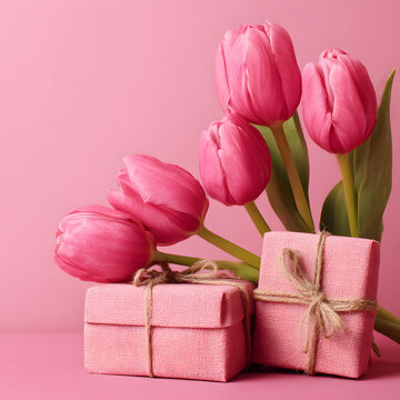 Pink Tulips With Pink Presents On A Pink Background 
