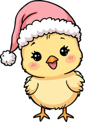 Adorable yellow baby chicken wearing soft pink Santa hat, farm animal, Christmas, winter holiday designs, adorable festive animal art, cozy, joy, warm seasonal charm, Xmas, happy, children, nursery