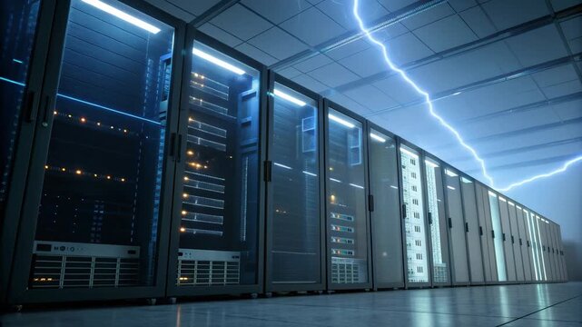 High-Tech Data Center with Lightning Effects, Modern Server Racks in a Futuristic Environment