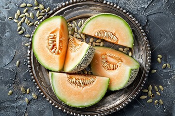 Vibrant and Fresh Melon Slices Artfully Arranged on a Decorative Silver Tray