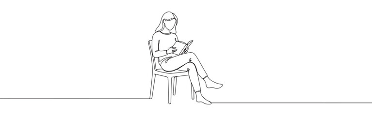 Continuous one-line drawing of a woman reading a book in an armchair under a lamp, depicting relaxation, education, and cozy indoor activities.