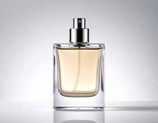 Elegant perfume bottle on light background with soft reflection