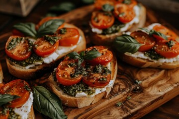 Delicious Bruschetta with Fresh Tomatoes and Basil for Italian Antipasto, Perfect Appetizer Snack
