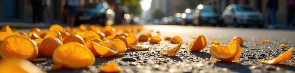 Sun-Drenched Street Scene with Scattered Orange Peels A Vibrant Contrast of Urban Life and Natures Messy Beauty
