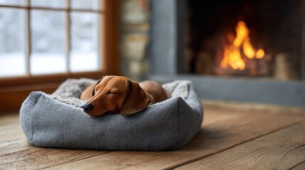 Dachshund dog sleeping soundly in a cozy bed, finding warmth and comfort from the crackling fireplace with a snowy winter scene visible through the window