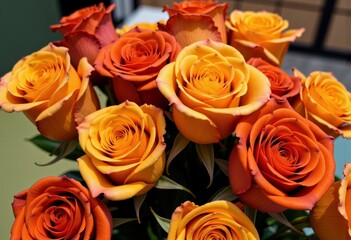 Vibrant bouquet of orange and yellow roses in full bloom, showcasing delicate petals and lush greenery, perfect for brightening any room with natural beauty and elegance.
